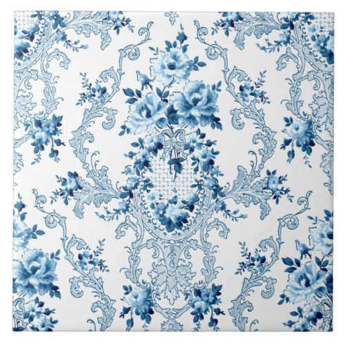 Elegant Blue and White French Rococo Floral Cerami Ceramic Tile