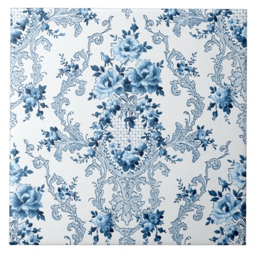 Elegant Blue and White French Rococo Floral Ceramic Tile