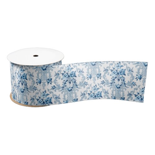 Elegant Blue and White French Rococo Floral  Satin Ribbon