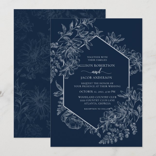 Elegant Blue and White Geometric Floral Wedding Invitation (Front/Back)