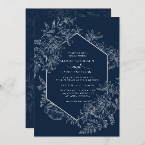 Elegant Blue and White Geometric Floral Wedding Invitation
