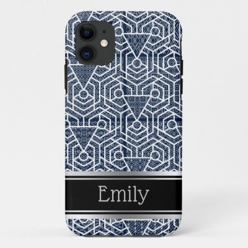 Elegant Blue And White Geometric With Your Name iPhone 11 Case