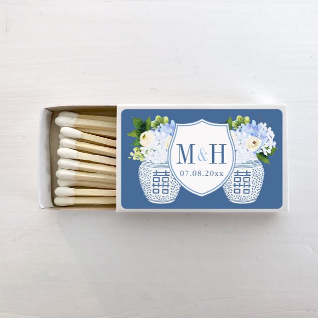 Elegant Blue And White Ginger Jar Flowers Logo Matchboxes (Blue and white chinoiserie chic wedding matches design featuring a couples monogram crest)