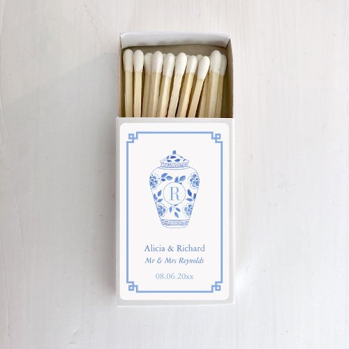 Elegant Blue And White Ginger Jar Monogram Wedding Matchboxes
