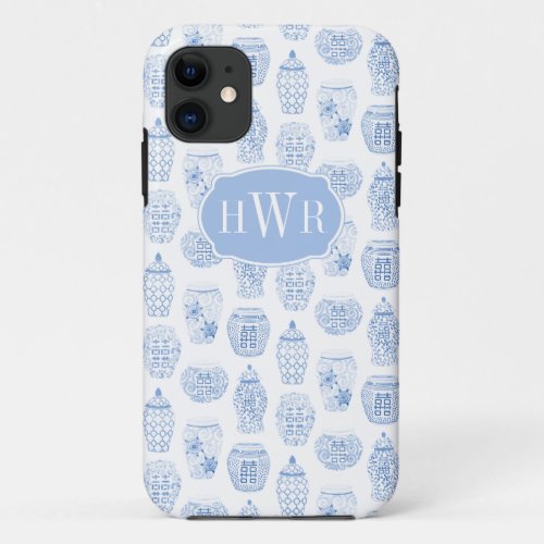 Elegant Blue And White Ginger Jar Monogrammed iPhone 11 Case - This phone case design features a handpainted watercolor ginger pattern background with a monogram on the front panel.