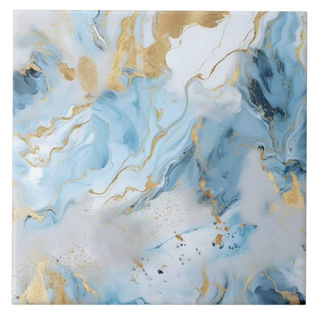 Elegant Blue And White Gold Marble Pattern  Ceramic Tile (Front)