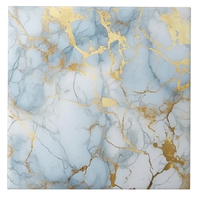 Elegant Blue And White Gold Marble Pattern  Ceramic Tile (Front)