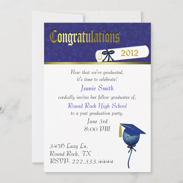 Elegant Blue and White Graduation Party Invitation (Front)