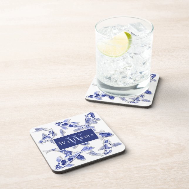 Elegant Blue And White Koi Fish Beverage Coaster (Right Side)