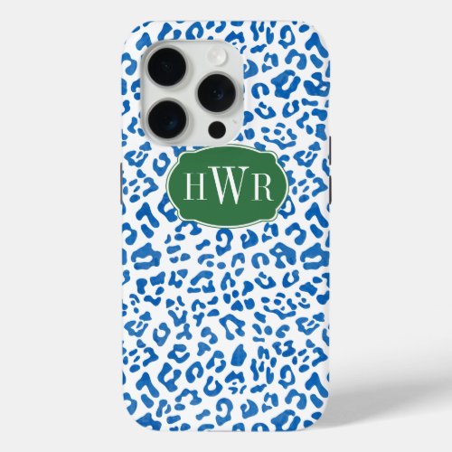 Elegant Blue And White Leopard Print Monogrammed iPhone 15 Pro Case