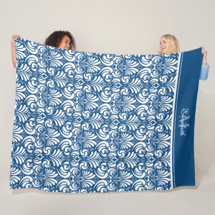 Elegant blue and white modern damask pattern fleece blanket