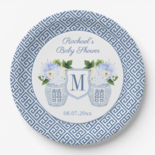 Elegant Blue And White Monogram Floral Baby Shower Paper Plates