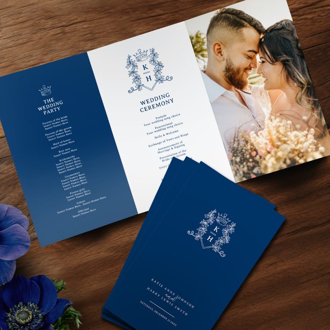 Elegant Blue and White Monogram Wedding Program  Brochure (Creator Uploaded)