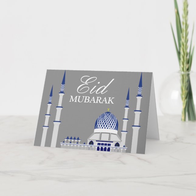 Elegant Blue and White Mosque Eid Mubarak Holiday Card (Front)