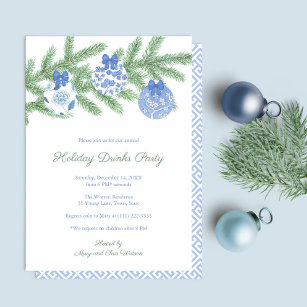 Elegant Blue And White Ornaments Holidays Party Invitation