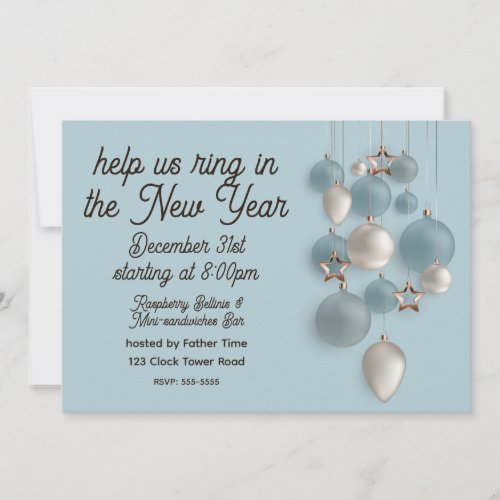 Elegant Blue and White Ornaments New Years Eve Invitation