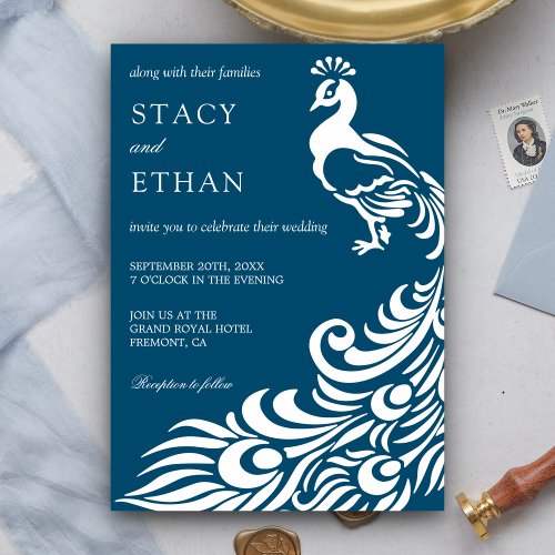 Elegant Blue and White Peacock Wedding Invitation