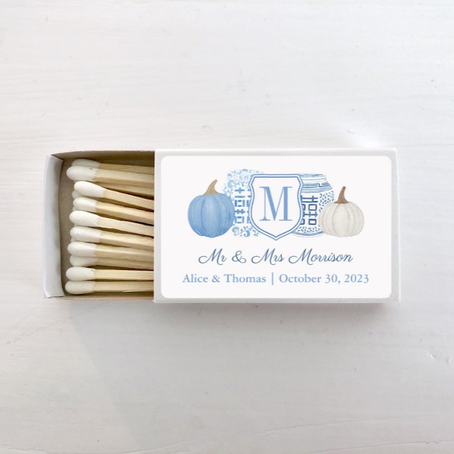 Elegant Blue And White Pumpkins Monogram Wedding Matchboxes (Preppy blue and white pumpkins ginger jars wedding monogram crest matches)