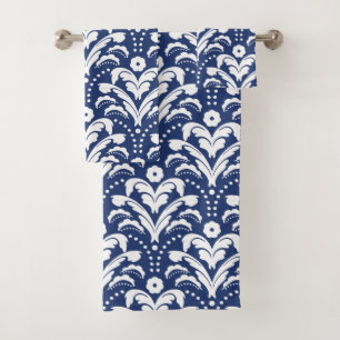 Elegant Blue and White Retro Art Deco Damask Bath Towel Set