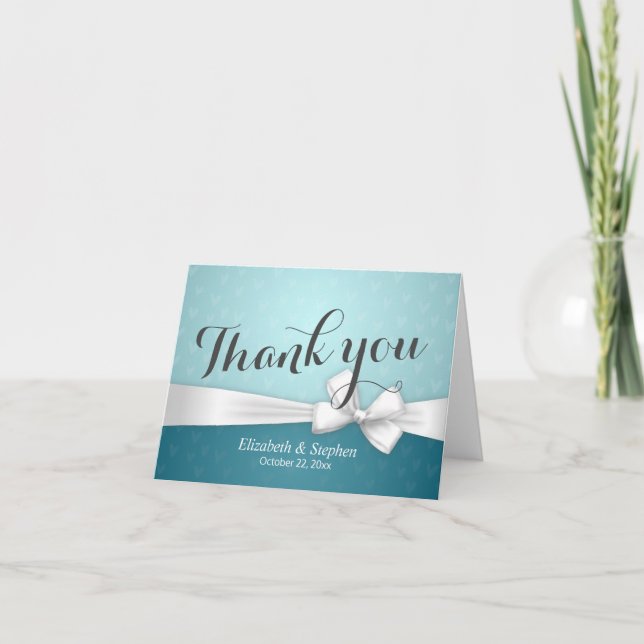 Elegant Blue and White Ribbon Wedding Thank You Card (Front)