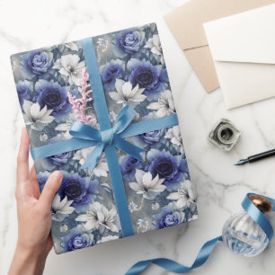 Elegant Blue and White Roses and Lilies Wrapping Paper