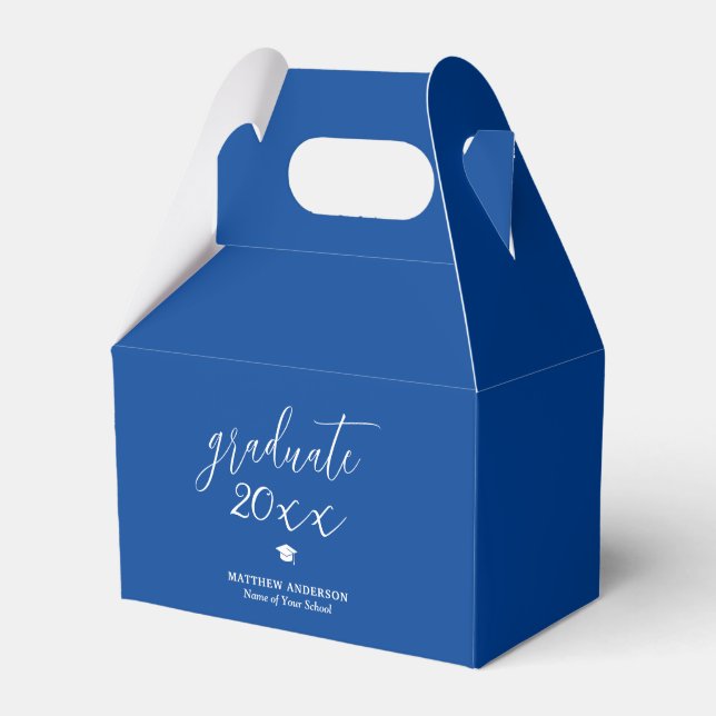 Elegant Blue and White Script Graduate Graduation Favor Boxes (Front Side)