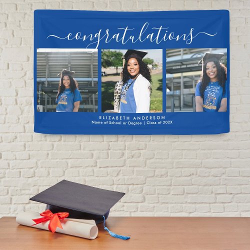 Elegant Blue and White Script Graduation Photo Banner
