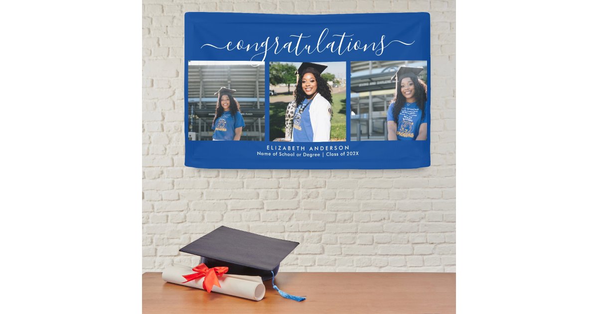 Elegant Blue and White Script Graduation Photo Banner | Zazzle