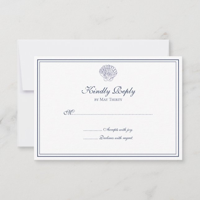 Elegant Blue and White Shell RSVP Card (Front)