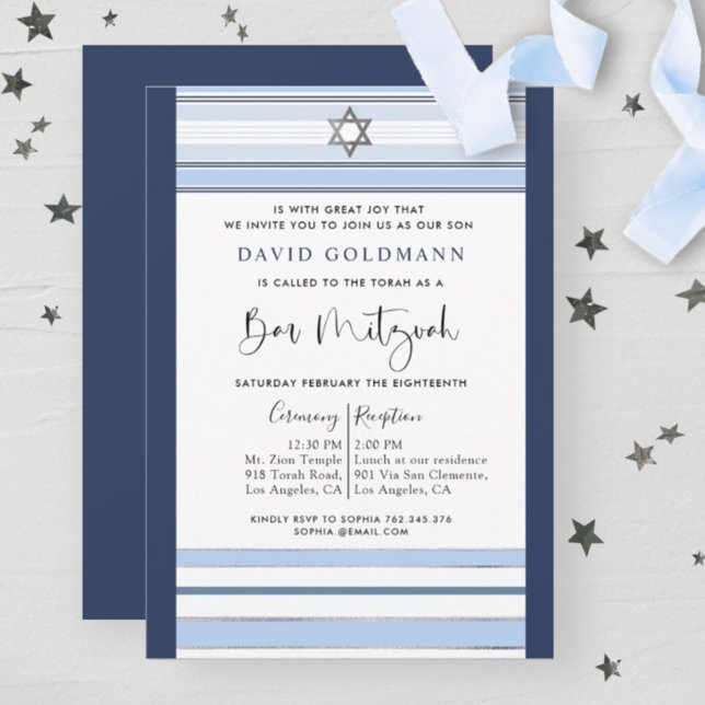 Elegant Blue and White Striped Tallit Bar Mitzvah Invitation (Creator Uploaded)