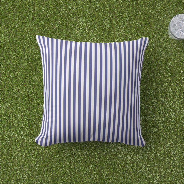 Elegant Blue And White Stripes Pattern Outdoor Pillow (Grass)