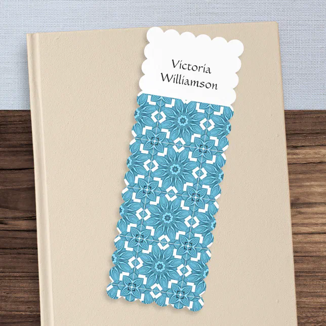 Elegant Blue and White Tile Pattern Custom Name Bookmarks | Zazzle
