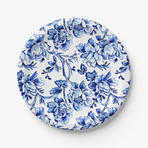 Elegant Blue and White Toile Floral Paper Plates