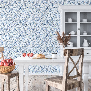 Elegant Blue and White Toile Floral Pattern Wallpaper