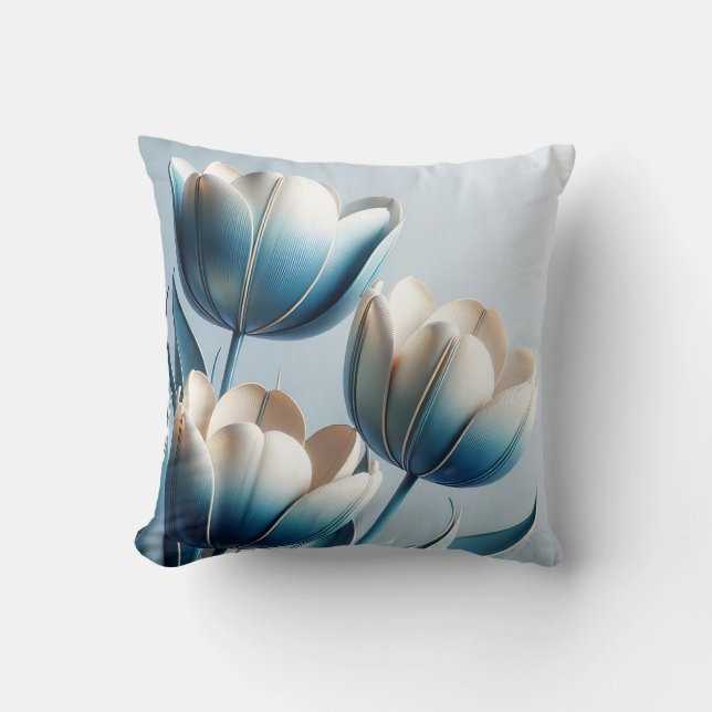 Elegant Blue and White Tulips Throw Pillow (Front)