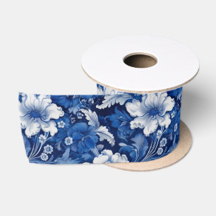 Elegant Blue and White Vintage Floral Satin Ribbon