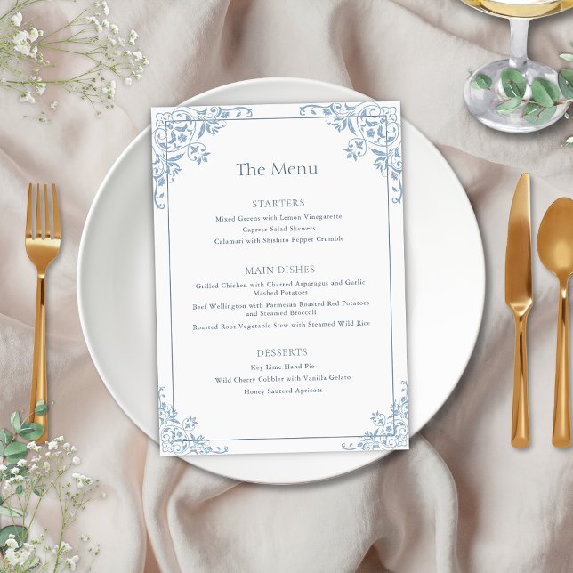Elegant Blue and White Vintage Frame Wedding Menu (Elegant shabby chic blue and white french country bridgerton inspired romantic wedding menu cards)