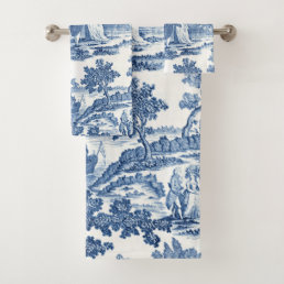 Elegant Blue and White Vintage French Toile Bath Towel Set