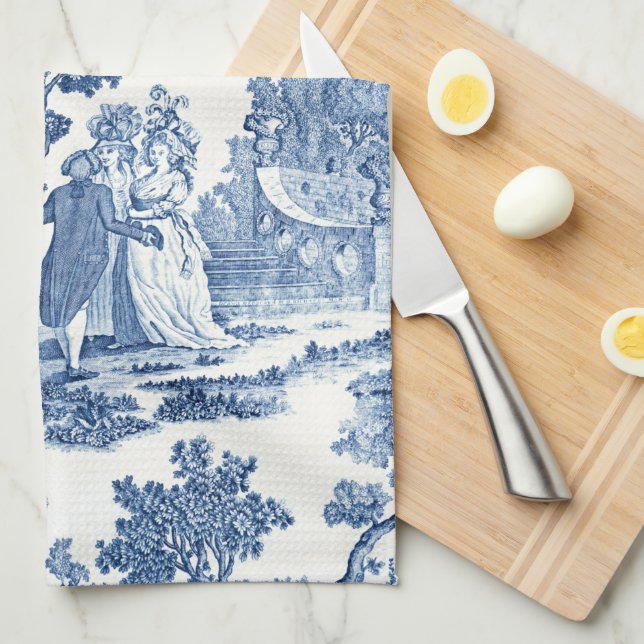 Elegant Blue and White Vintage French Toile Kitchen Towel (Quarter Fold)