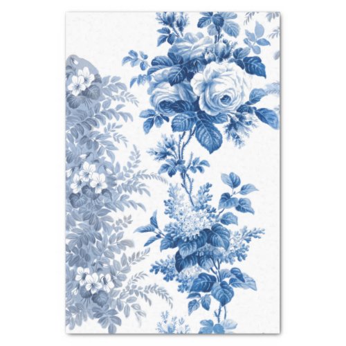 Elegant Blue and White Vintage Roses  Ferns Tissue Paper