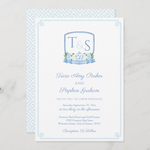 Elegant Blue And White Watercolor Crest Wedding Invitation