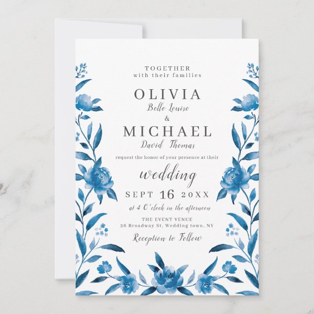 Elegant blue and white watercolor floral wedding invitation (Front)