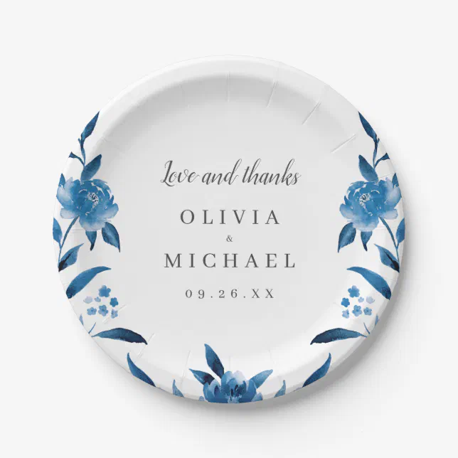 Elegant blue and white watercolor floral Wedding Paper Plates | Zazzle