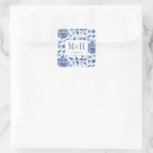 Elegant Blue And White Wedding Monogram Favor Square Sticker