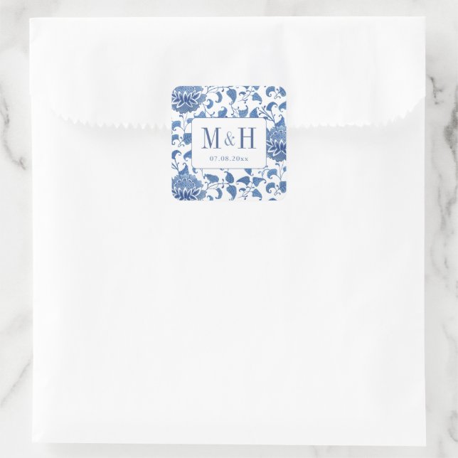Elegant Blue And White Wedding Monogram Favor Square Sticker (Bag)