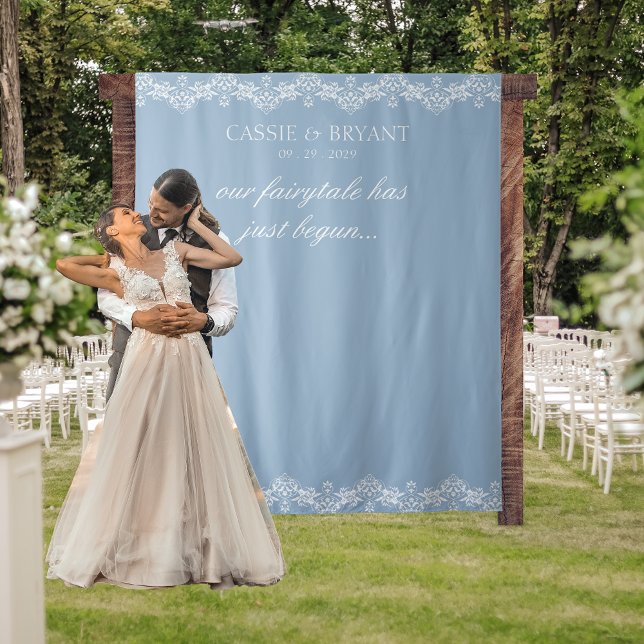 Elegant Blue and White Wedding Photo Backdrop (elegant coastal chic classic simple blue and white wedding tapestry photo backdrop with saying names)