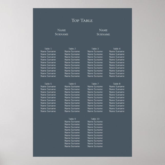 Elegant Blue and White Wedding Seating Plan Poster (Front)