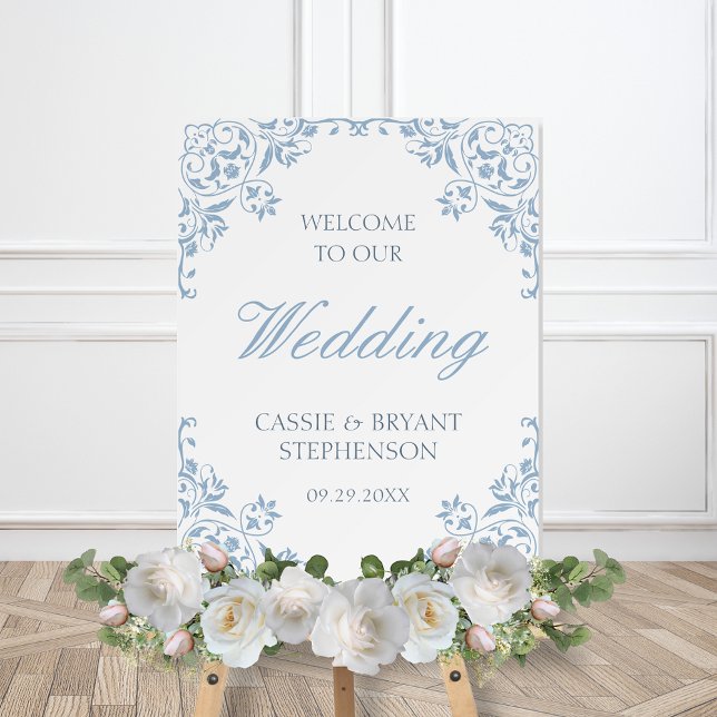 Elegant Blue and White Welcome to Our Wedding Sign (elegant blue and white classic vintage coastal chic welcome to our wedding sign with bride and groom)