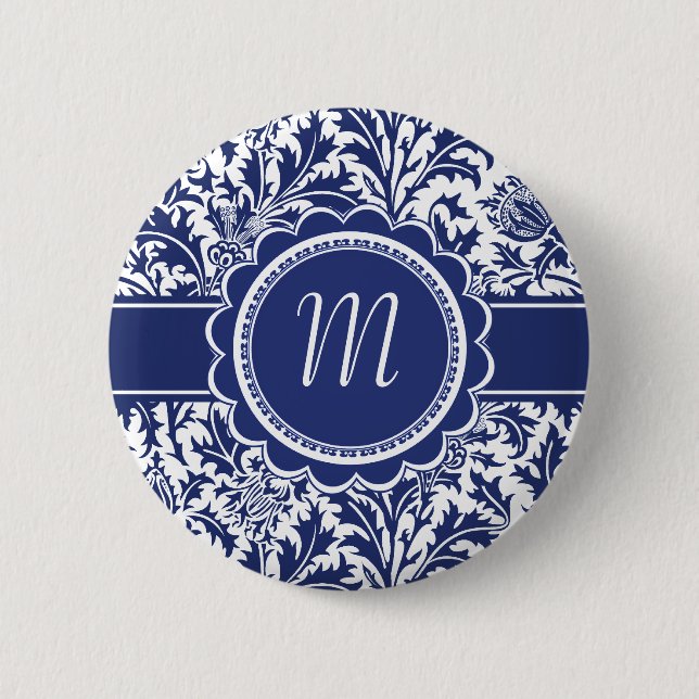 Elegant Blue and White William Morris Floral Pinback Button (Front)