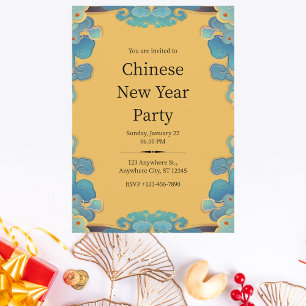 Elegant Blue and Yellow Chinese New Year Invitation